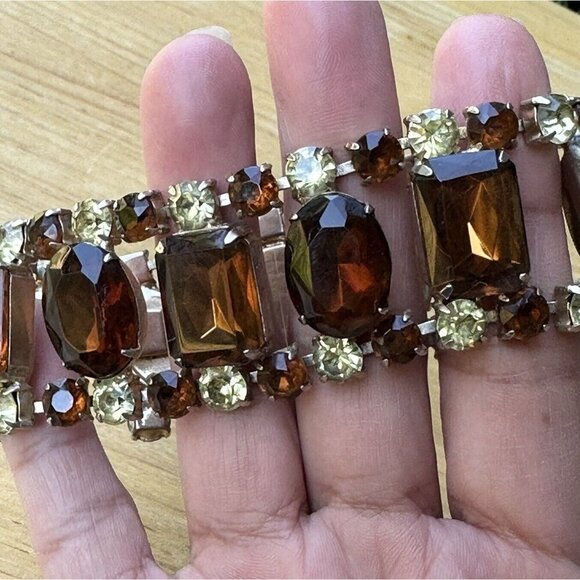 Vintage Link Bracelet Size 7 Amber Yellow Rhinestones‎ Crystal Glass Gold Plated - Picture 4 of 8